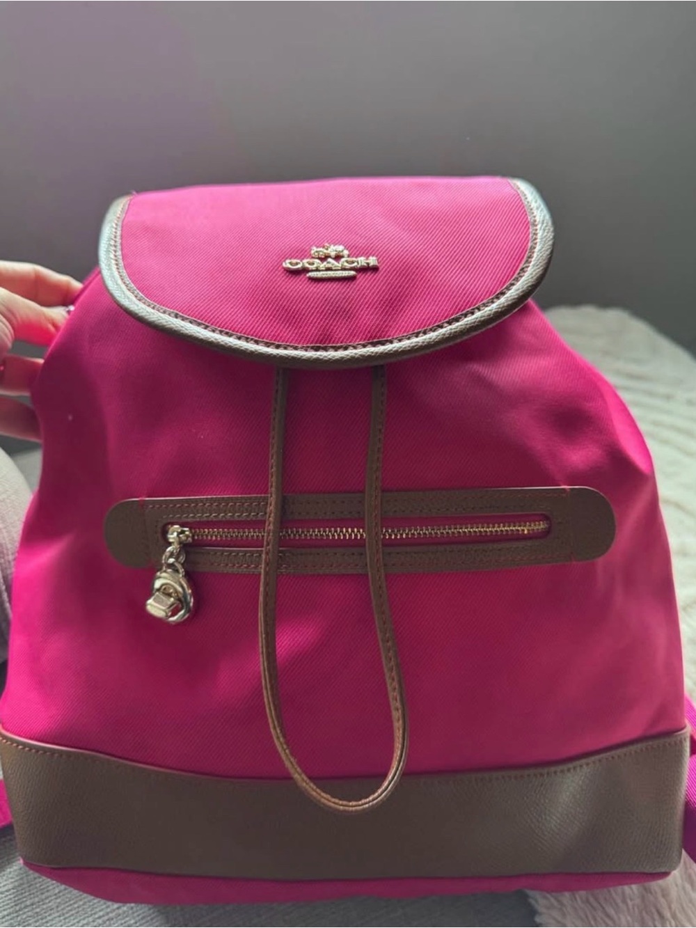 Coach Fuchsia Nylon Backpack with Brown Trim and Gold Hardware